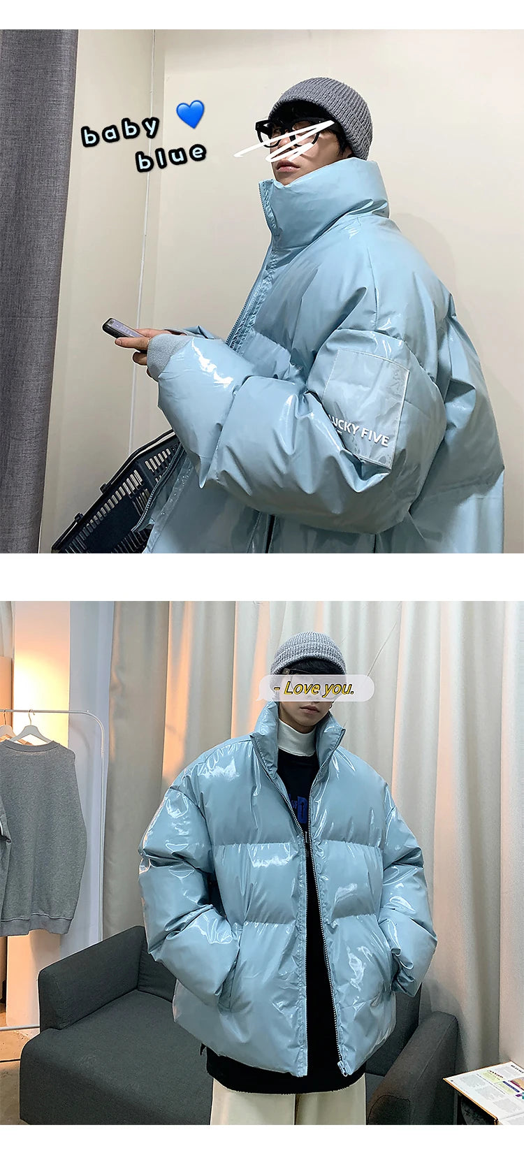 Winter Jacket Men Parkas Thicken Warm Coat Stand Collar Oversize Parkas Bright Leather Fabric Jacket Korean Style Padded Coat Street King Limited