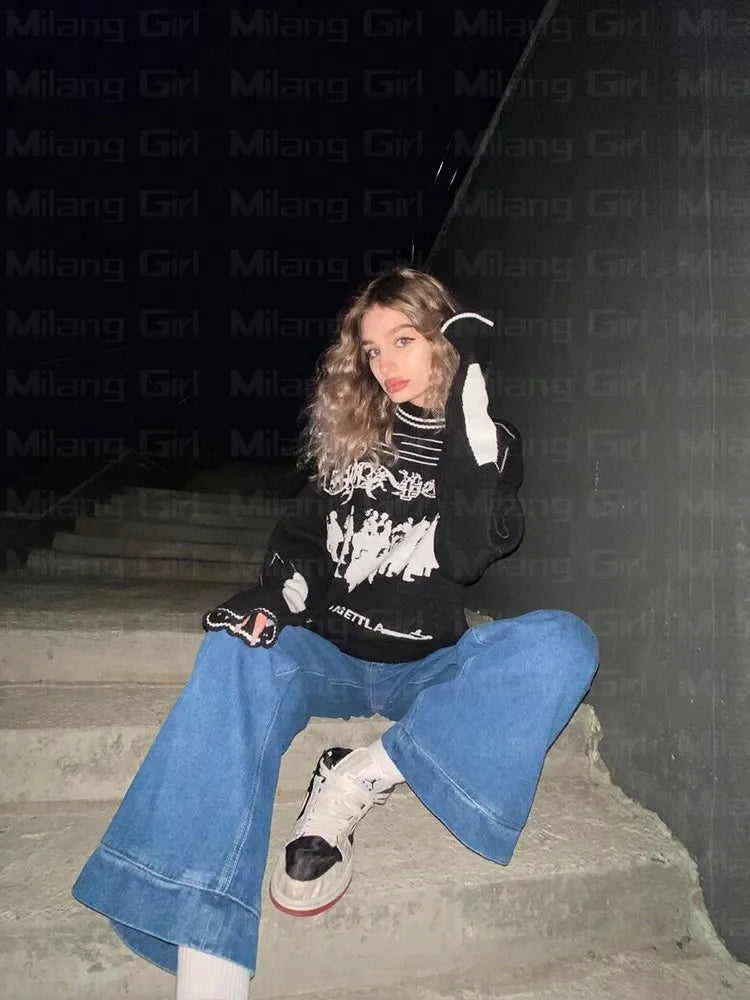 Hip Hop Streetwear Knitted Sweater Men Women Gothic Hassett Pattern Oversized Sweater Pullover Winter Harajuku Cotton sweater Street King Limited