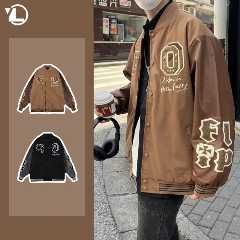 american retro mens baseball uniform street harajuku patchwork leather loose jackets color block towel embroidery trend coats clean everyday pants