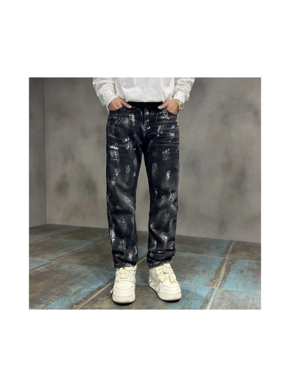 2024 y2k fashion streetwear wide leg denim pants men loose straight jeans high street spring autumn graffiti baggy trousers ripped baggy denim
