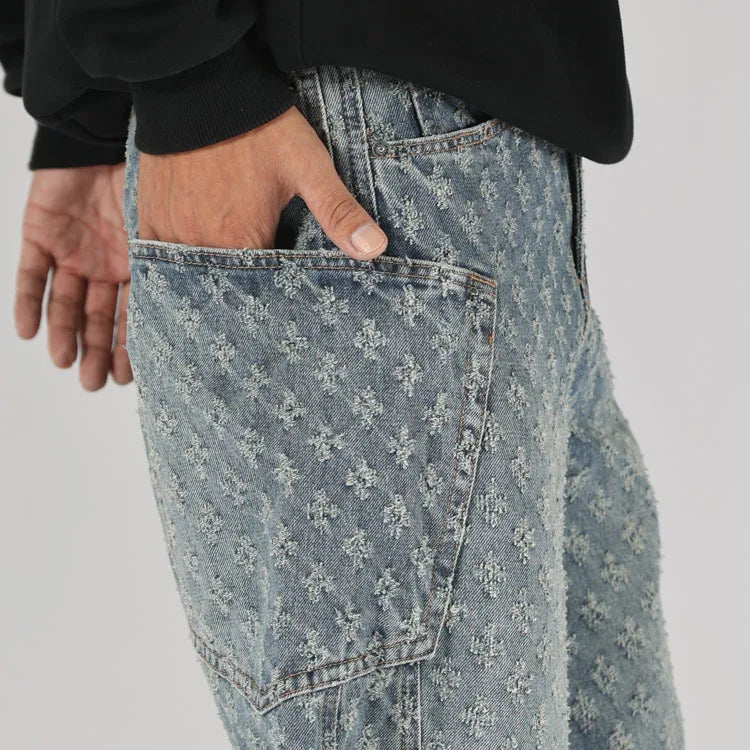 men brand fashion loose casual splice pocket jacquard vintage wide leg baggy jeans cityboy denim baggy jeans pants trousers unique jeans style 2857