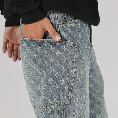men brand fashion loose casual splice pocket jacquard vintage wide leg baggy jeans cityboy denim baggy jeans pants trousers unique jeans style 2857
