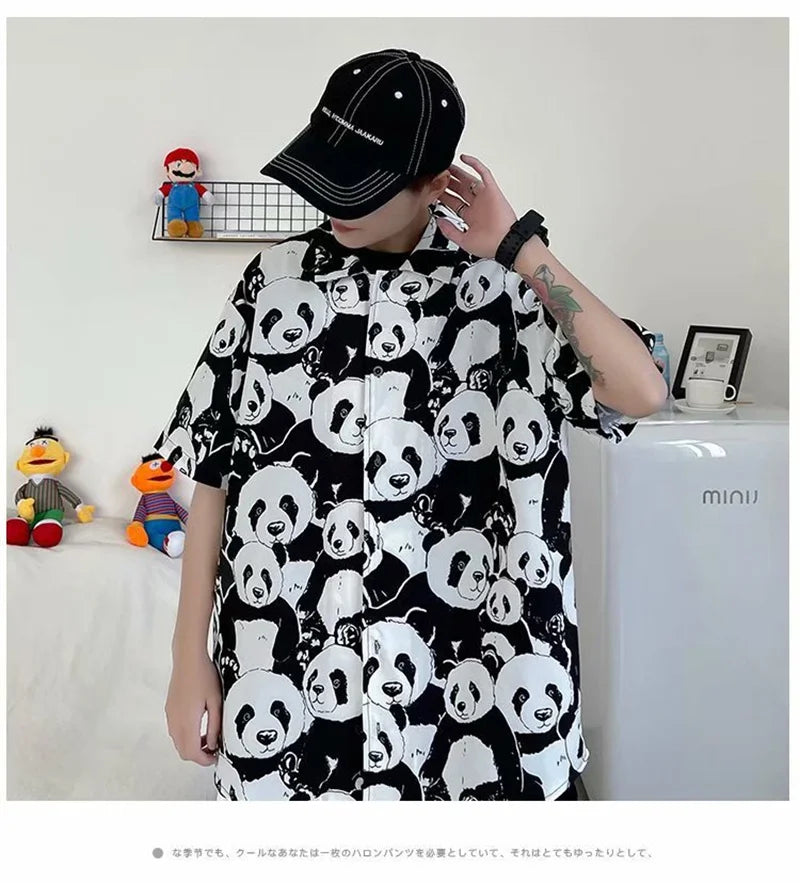 Streetwear Summer Panda Printed Shirts For Men Casual Loose Short Sleeved Camisas Summer Panda Printed Shirts For Men Casual Loose Short Sleeved Camisas Couples Streetwear Fashion Tee Shirt Luxury Social Shirt Fashion Sweater Jacket With Graphic Design For Men