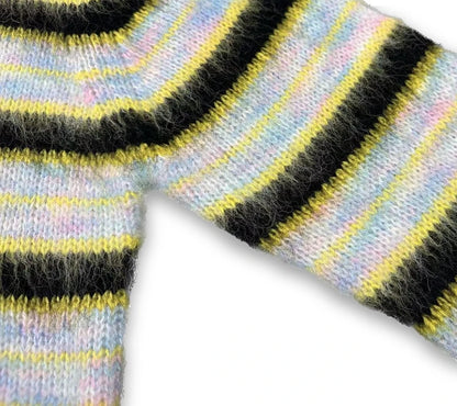 Korean Fashion Striped Patchwork Mohair Knitted Sweaters Retro Mens Oversized Knitwears Y2k Harajuku Female Round Neck Sweaters Street King Limited