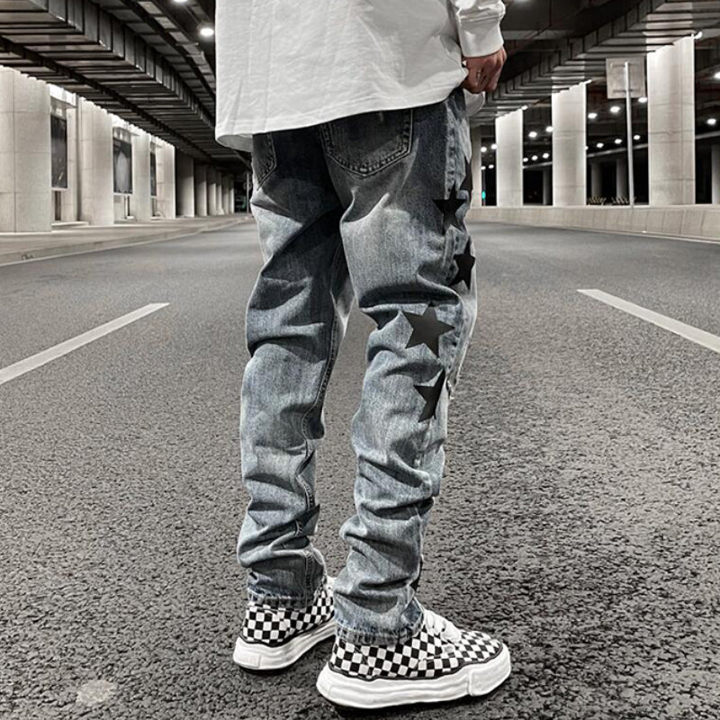fashion ripped destroied jeans trousers distressed biker jeans with stars high street slim pants joggers denim jeans for men unique joggers style 2246