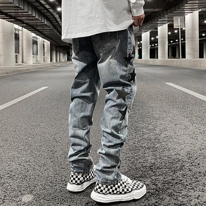 fashion ripped destroied jeans trousers distressed biker jeans with stars high street slim pants joggers denim jeans for men unique joggers style 2246