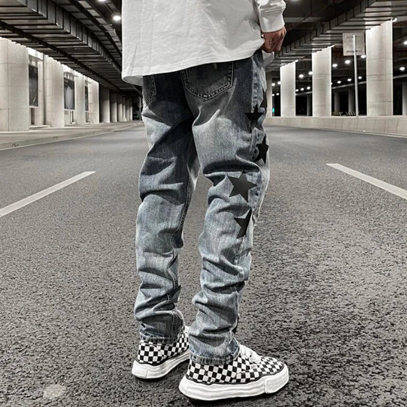 fashion ripped destroied jeans trousers distressed biker jeans with stars high street slim pants joggers denim jeans for men casual joggers