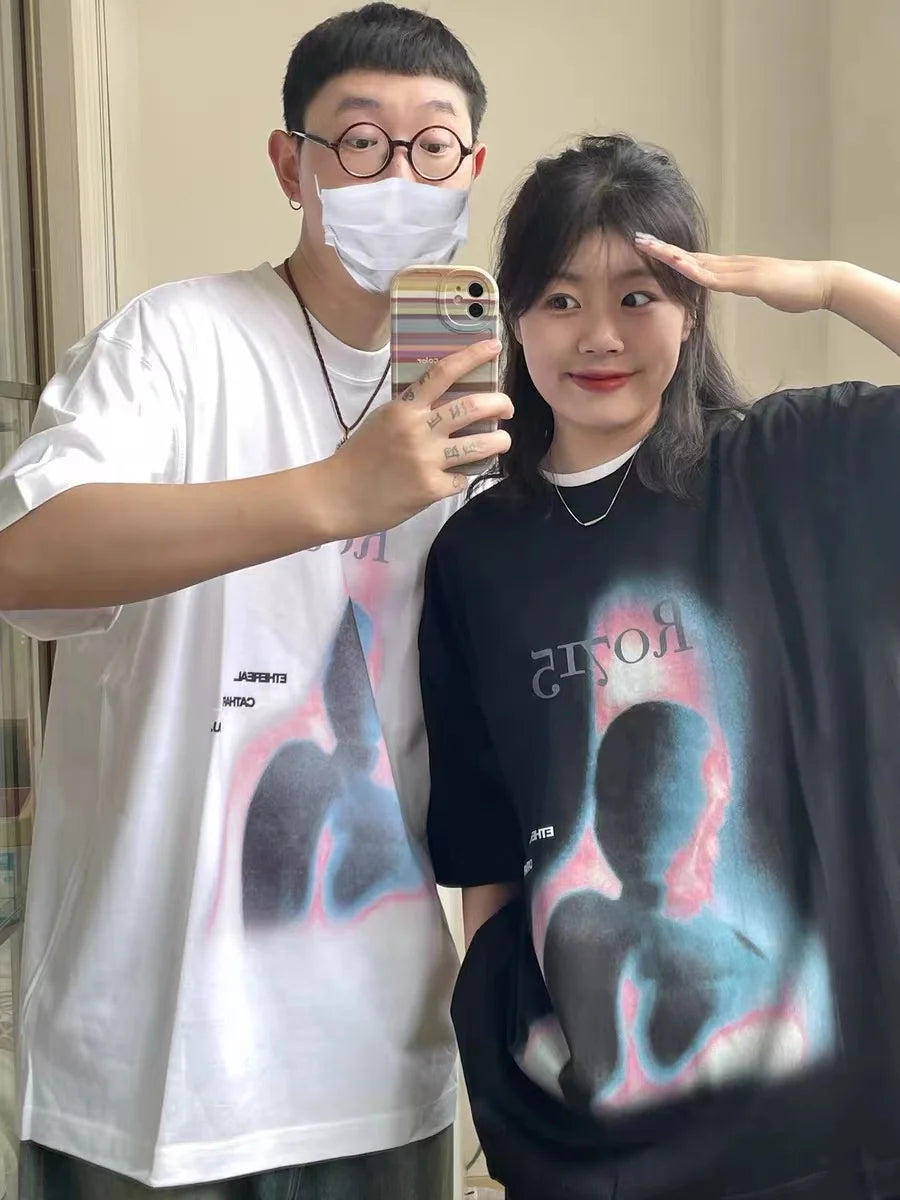 Fashionable Korean new style printed graphic T shirt summer cotton men and women y2k street hip hop loose half sleeved top Street King Limited