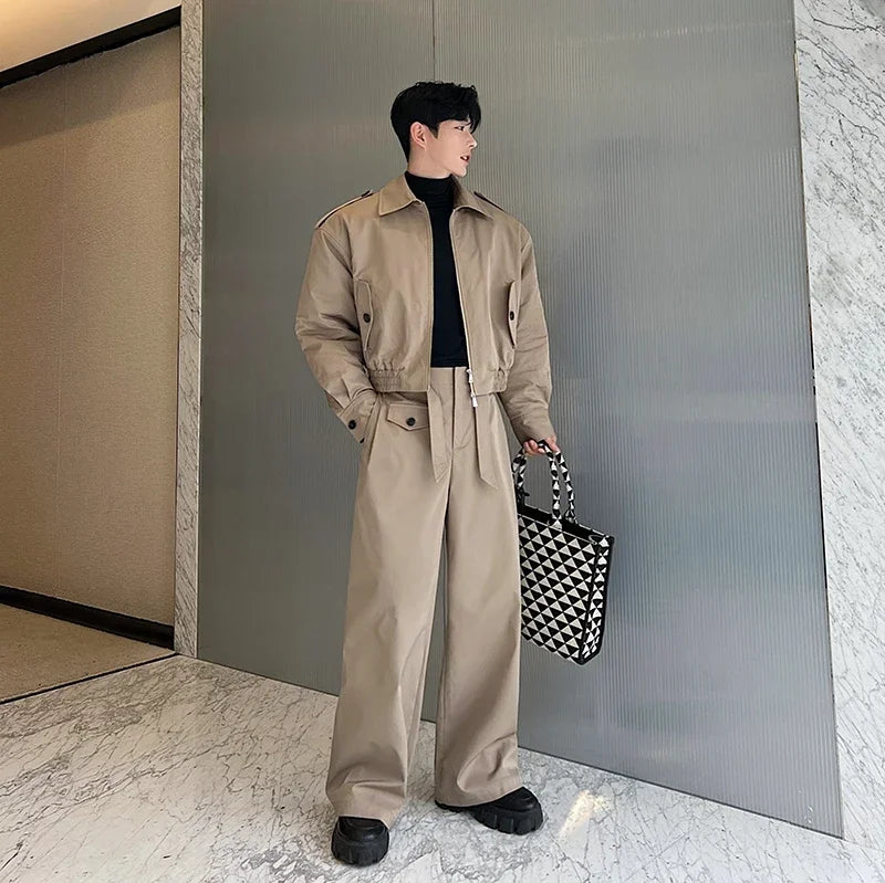 men 2 pieces sets quilted short cargo jacket pant autumn winter korean streetwear casual thicken bomber coat trousers suits combat utility trousers