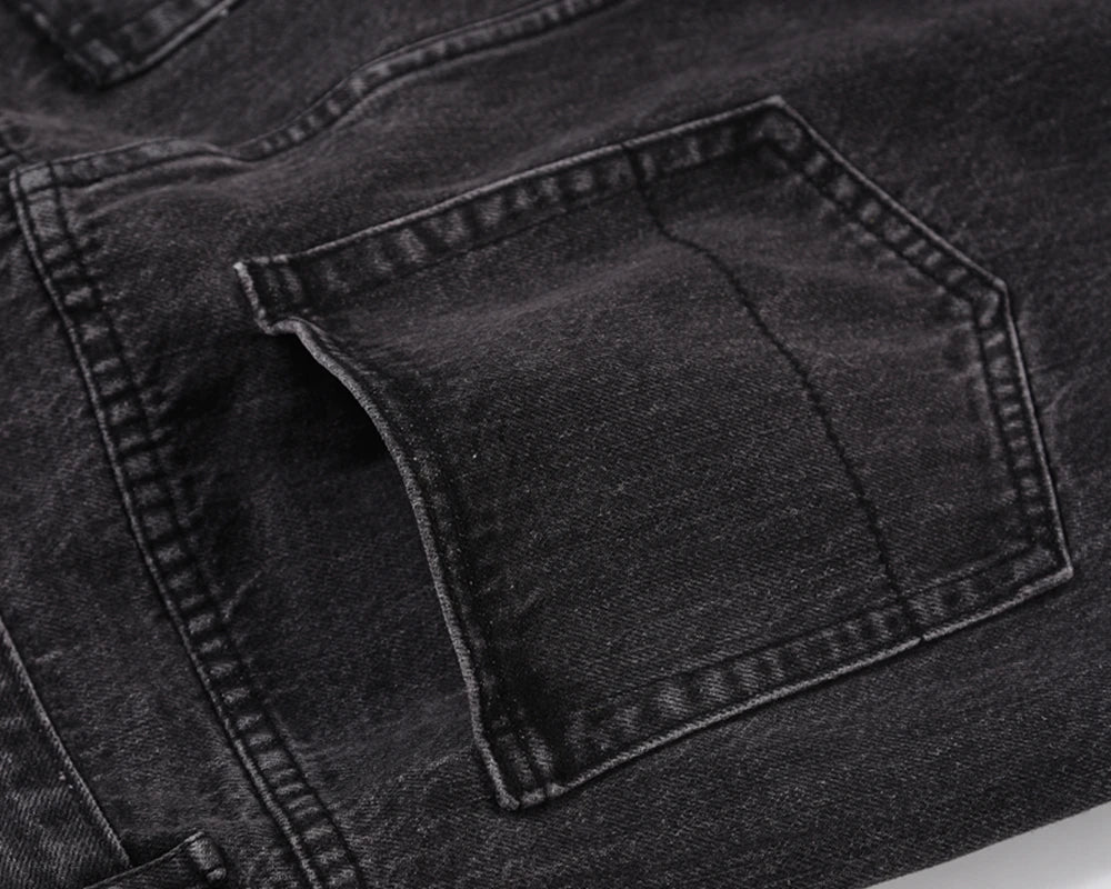 retro pu leather butterfly embroidery black jeans for men straight patchwork casual baggy denim pants loose jean trousers unique jeans style 1274