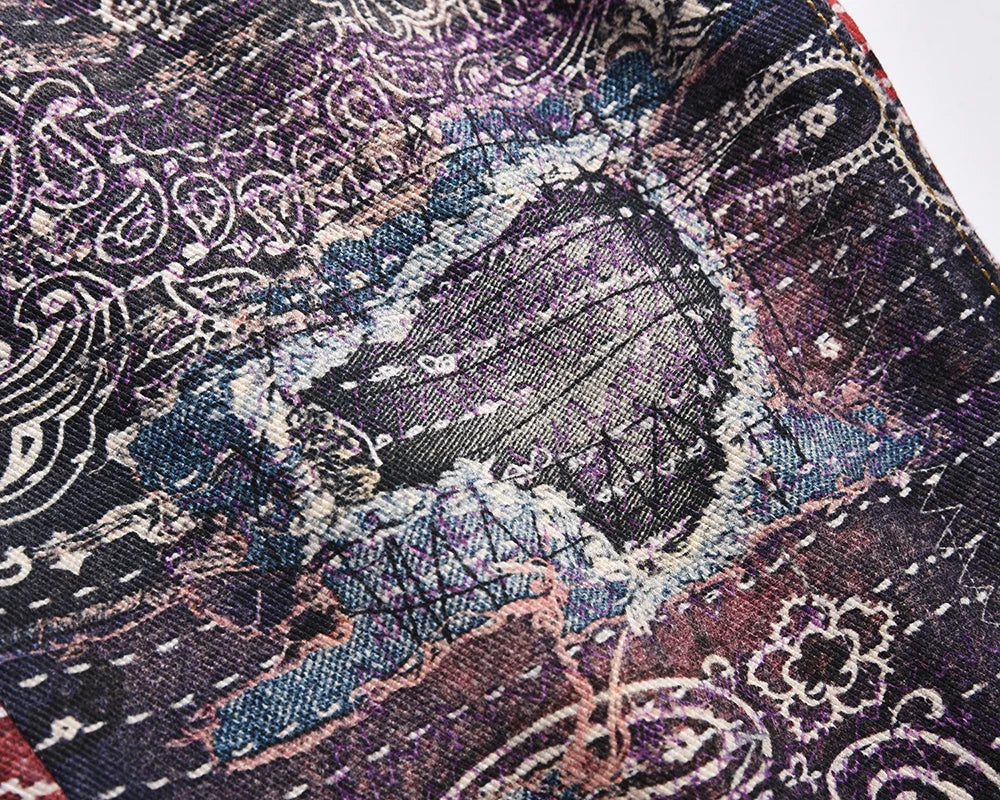 hip hop distressed paisley patchwork baggy jeans pants for men straight y2k ripped casual cargos oversized denim trousers baggy cargo bottoms