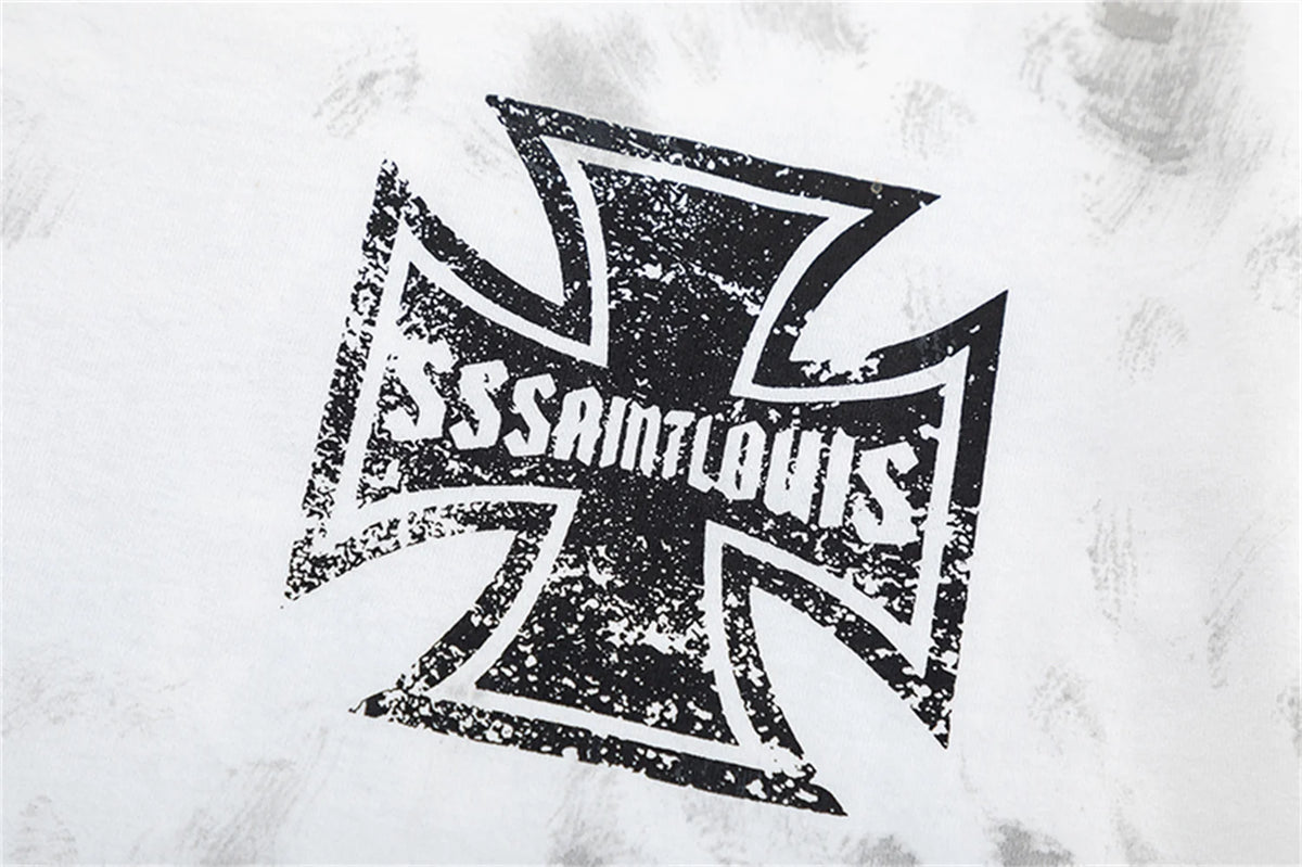 sssaint Louis Vintage Dirty Worn Distressed Cross Print High-Street Graffiti Long Sleeve T Shirt Pullover Summer Street King Limited