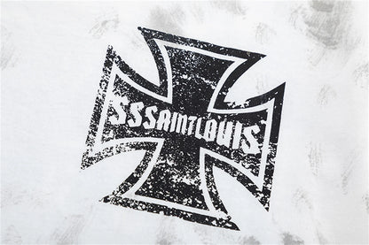sssaint Louis Vintage Dirty Worn Distressed Cross Print High-Street Graffiti Long Sleeve T Shirt Pullover Summer Street King Limited