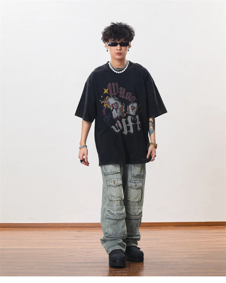 hip hop cargo denim pants streetwear plain denim pants mens harajuku cotton casual joggers jeans loose straight pants trousers unique joggers style 2851