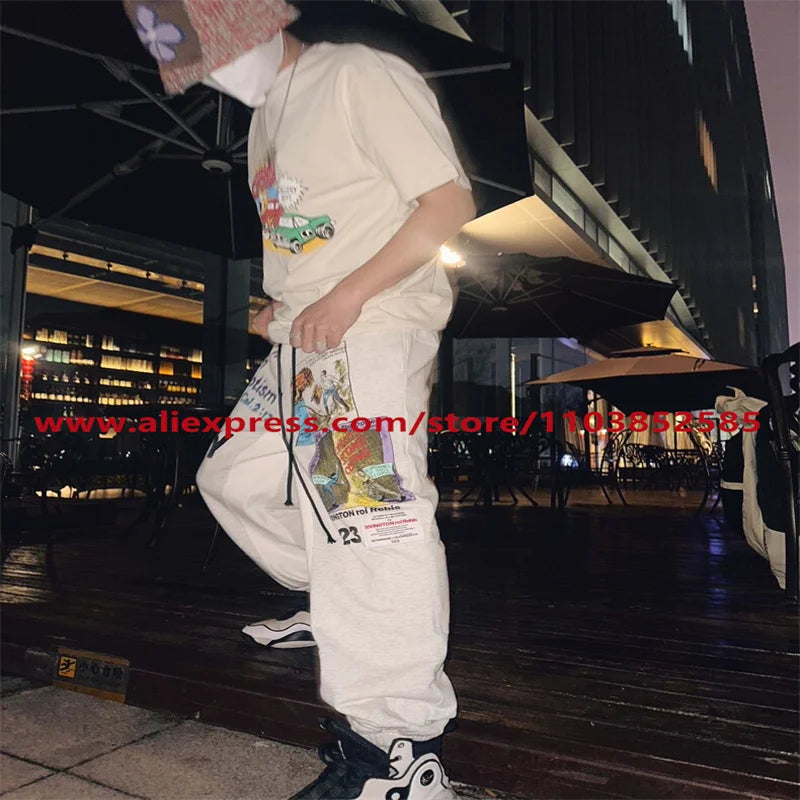 2024 autumn winter vintage casual sports pants mens letter illustration printed loose drawstring leg strap high street hip hop urban fashion pants