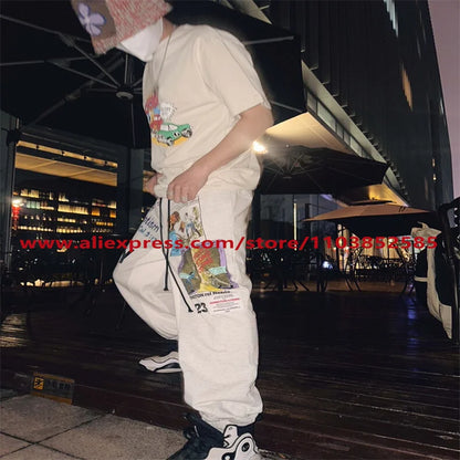 2024 autumn winter vintage casual sports pants mens letter illustration printed loose drawstring leg strap high street hip hop urban fashion pants