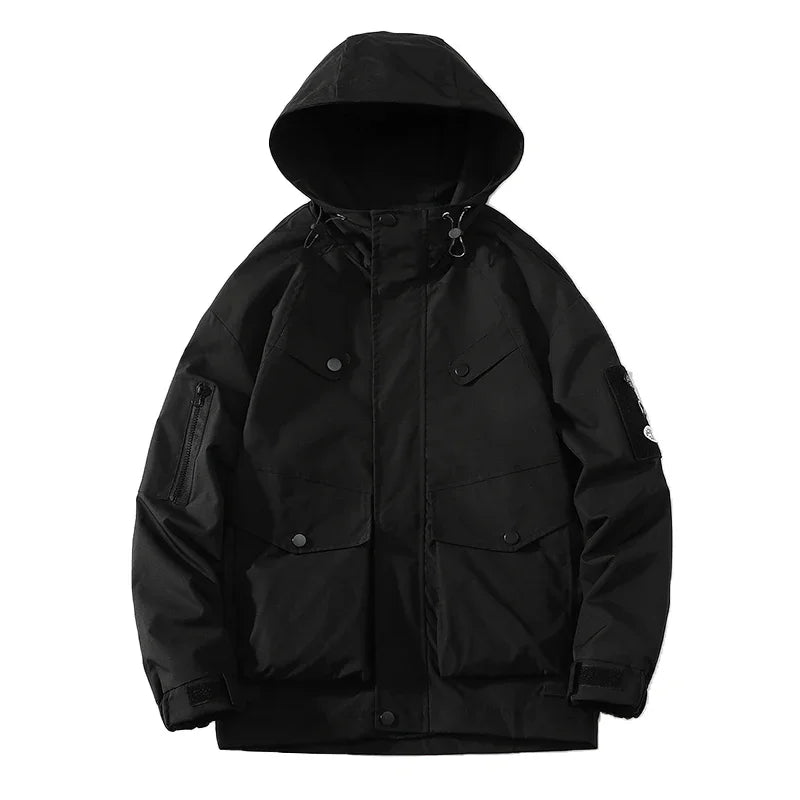 men jacket fashion 2024 army green punch jackets oversized hooded jacket collage zip design patch outdoor coat relaxed fit trousers