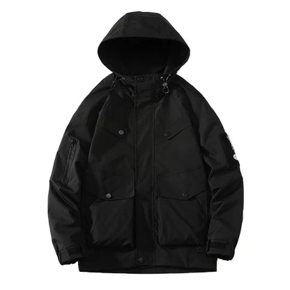 men jacket fashion 2024 army green punch jackets oversized hooded jacket collage zip design patch outdoor coat relaxed fit trousers