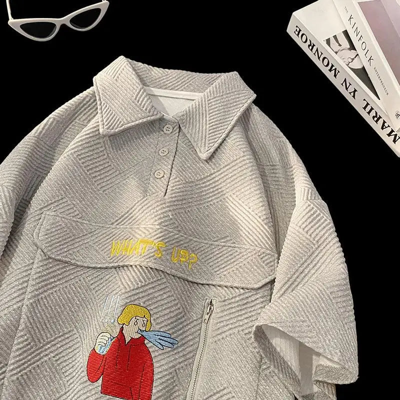 Korean waffle short-sleeved polo shirt with cartoon pattern summer jacquard collar t-shirt for men ins Hong Kong style loose top Street King Limited