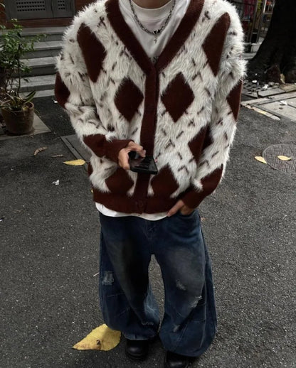 2024 New College Casual Mens Cardigan Autumn Diamond Grid Color Block Street Unisex Knitted Jacket Loose V-neck Sweater Coats Street King Limited