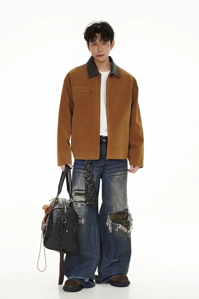 2025 american streetwear retro leather collar bomber jacket men loose casual fashion short cargo jacket spring autumn coat military streetwear pants