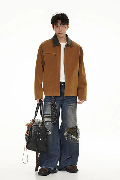 2025 american streetwear retro leather collar bomber jacket men loose casual fashion short cargo jacket spring autumn coat military streetwear pants