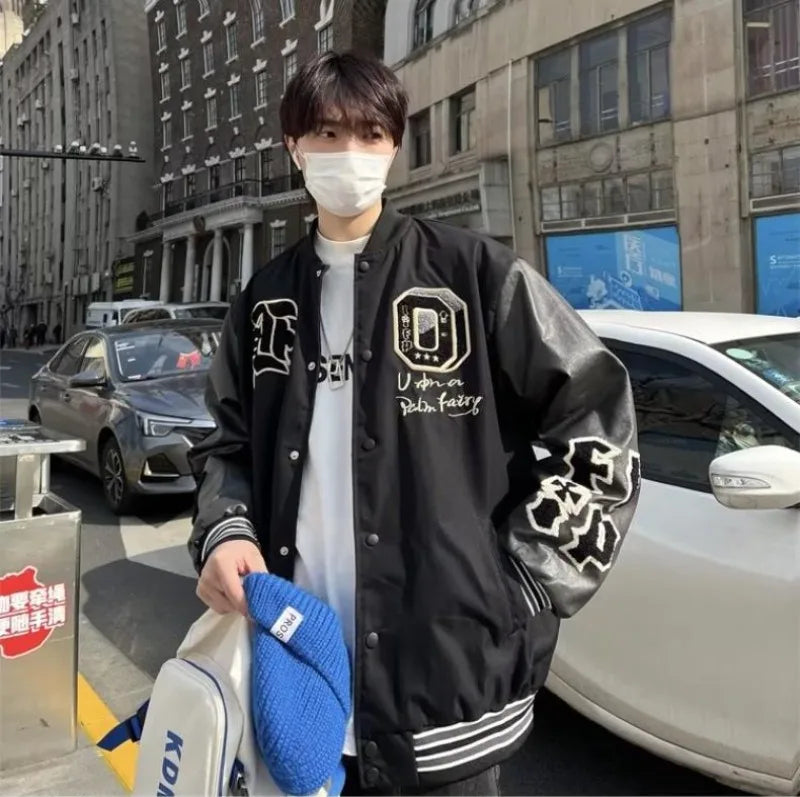 american retro mens baseball uniform street harajuku patchwork leather loose jackets color block towel embroidery trend coats unique default style 2913