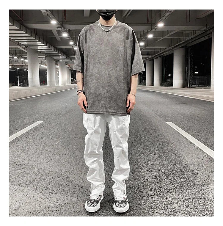Merican Hip-hop Summer Thin Section Suede Cashew Flower Print Tshirts Tops Men and Women Loose Short-sleeved T-shirts Oversized Street King Limited
