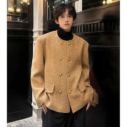 men double breasted french retro loose casual woolen short jacket man korean streetwear show fashion coat autumn outerwear unique shorts style 1303