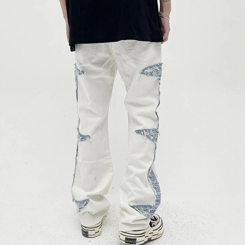 mens high street denim jean pants casual loose destroyed ripped holes straight jeans side patchwork hip hop streetwear joggers casual joggers