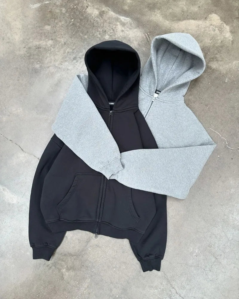 American High Street Fashion Casual Hoodie Men Y2k Harajuku Retro Solid Color Zipper Sweatshirt Loose Oversized Coat Women Street King Limited