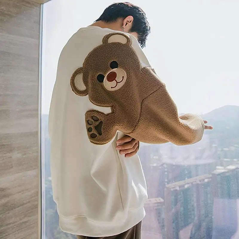 Long-sleeved Round Neck Sweater Lamb Hair Embroidery Flocking Sweater Loose Warm Winter Men's Bear Street King Limited