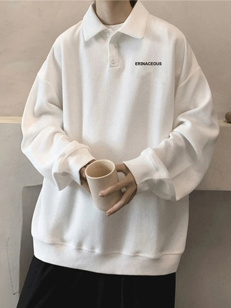 Streetwear Autumn Japanese Polo Sweatshirts Men Casual Waffle Turn Down Collar Sw 2025 Autumn Japanese Polo Sweatshirts Men Casual Waffle Turn Down Collar Sweatshirt High Street Long Sleeve Tops New In Hoodie Fashion Sweater Jacket With Graphic Design For Men