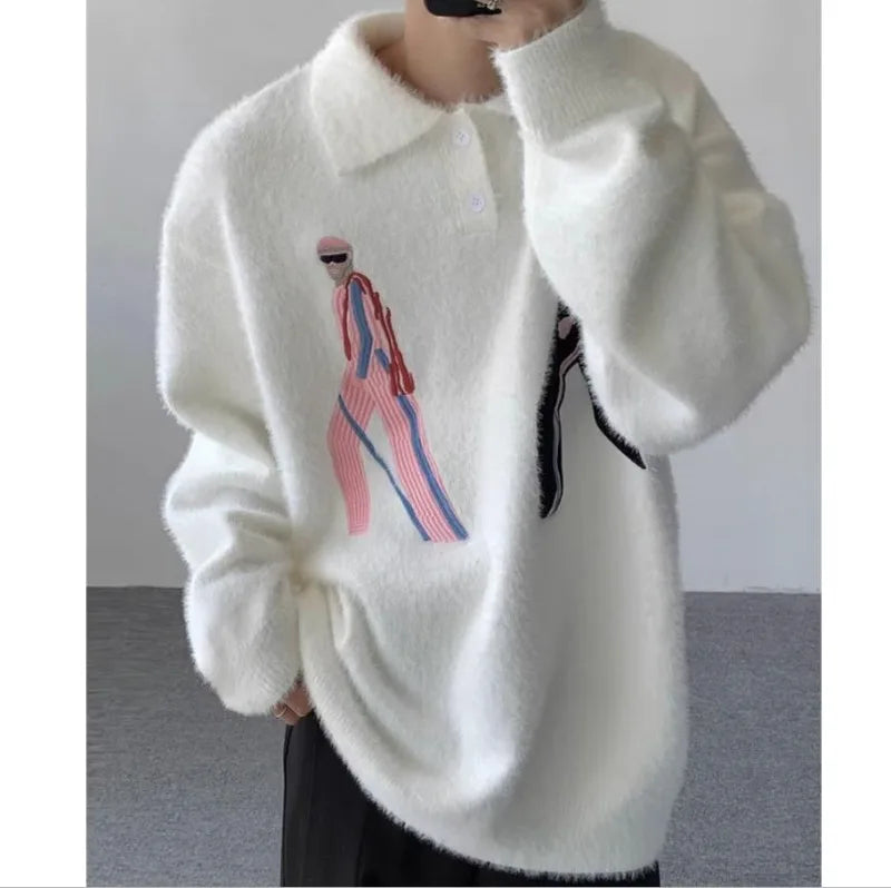 Korean Embroidery Lapel Sweater Mens Spring Street Trends Soft Seahorse Hair Loose Pullover Thickening Y2K Couple Knitwear New Street King Limited