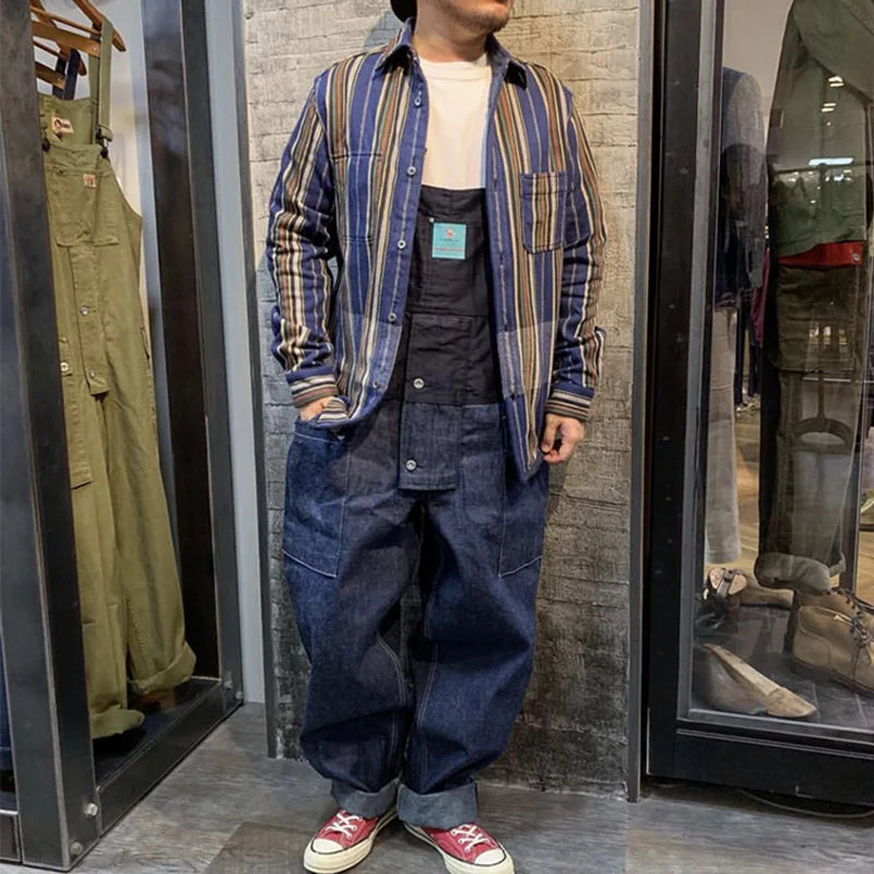 2023 summer cargo overalls pants men patchwork denim jumpsuits loose work pants solid color casual streetwear cargo trousers military streetwear pants