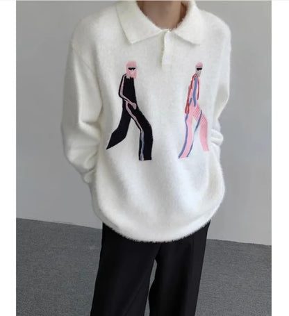 Korean Embroidery Lapel Sweater Mens Spring Street Trends Soft Seahorse Hair Loose Pullover Thickening Y2K Couple Knitwear New Street King Limited