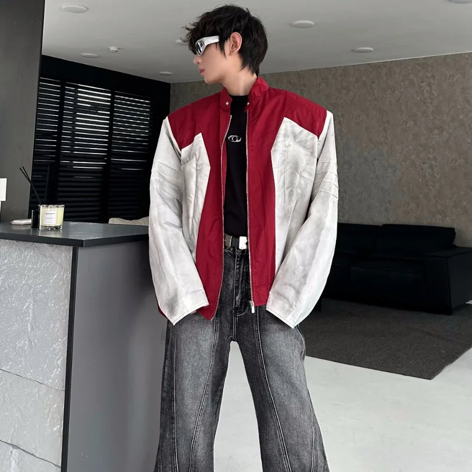 street american color block mens jacket 2024 new autumn zipper patchwork shoulder pads racing coats motorcycle windbreaker unique default style 3244