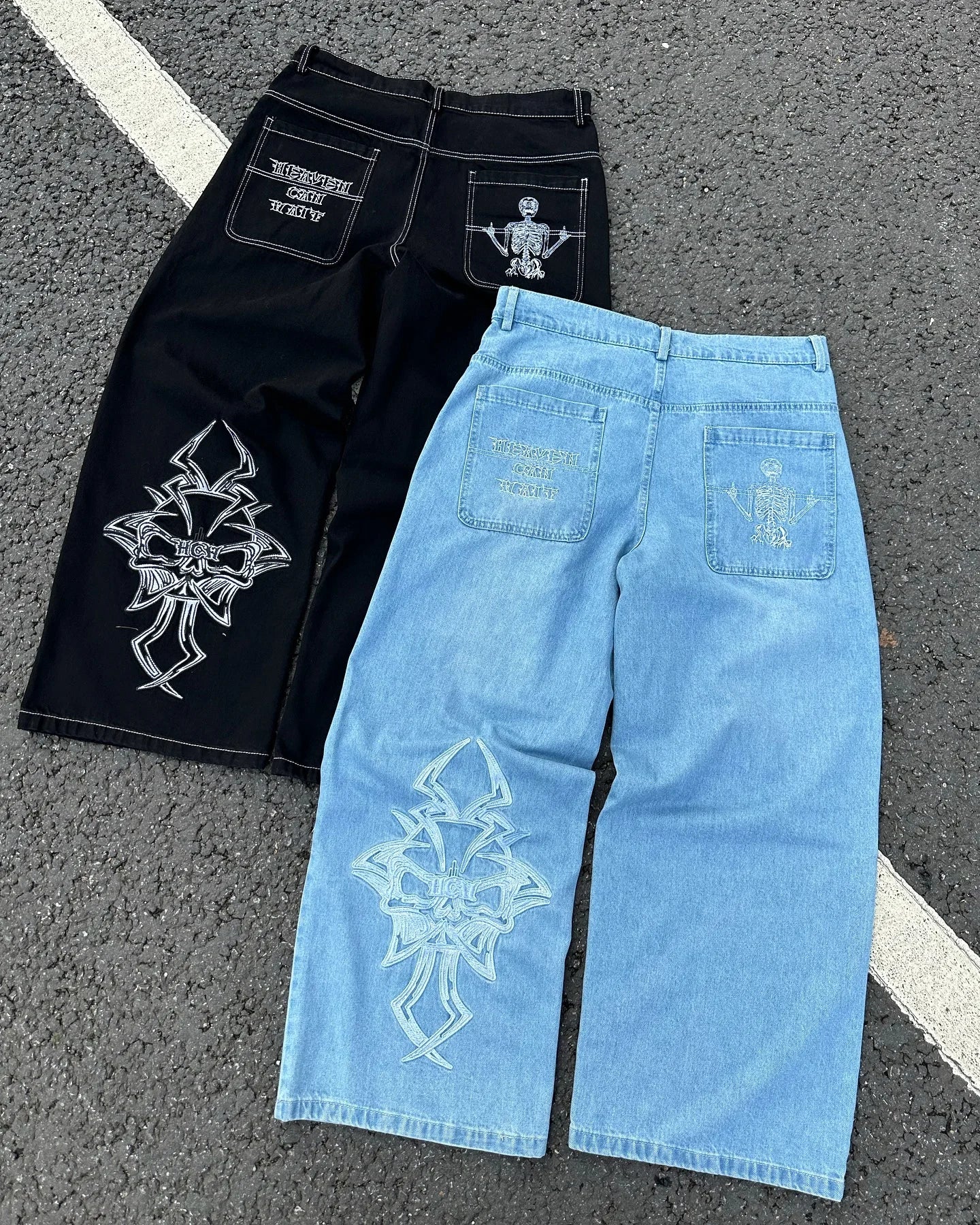 Y2K Retro American Personality Design Fashionable Loose Straight Jeans Men Street Hip-hop Harajuku All-match Floor Mopping Pants Street King Limited