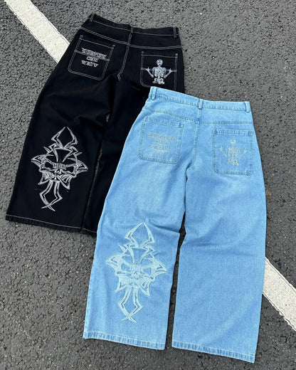 Y2K Retro American Personality Design Fashionable Loose Straight Jeans Men Street Hip-hop Harajuku All-match Floor Mopping Pants Street King Limited