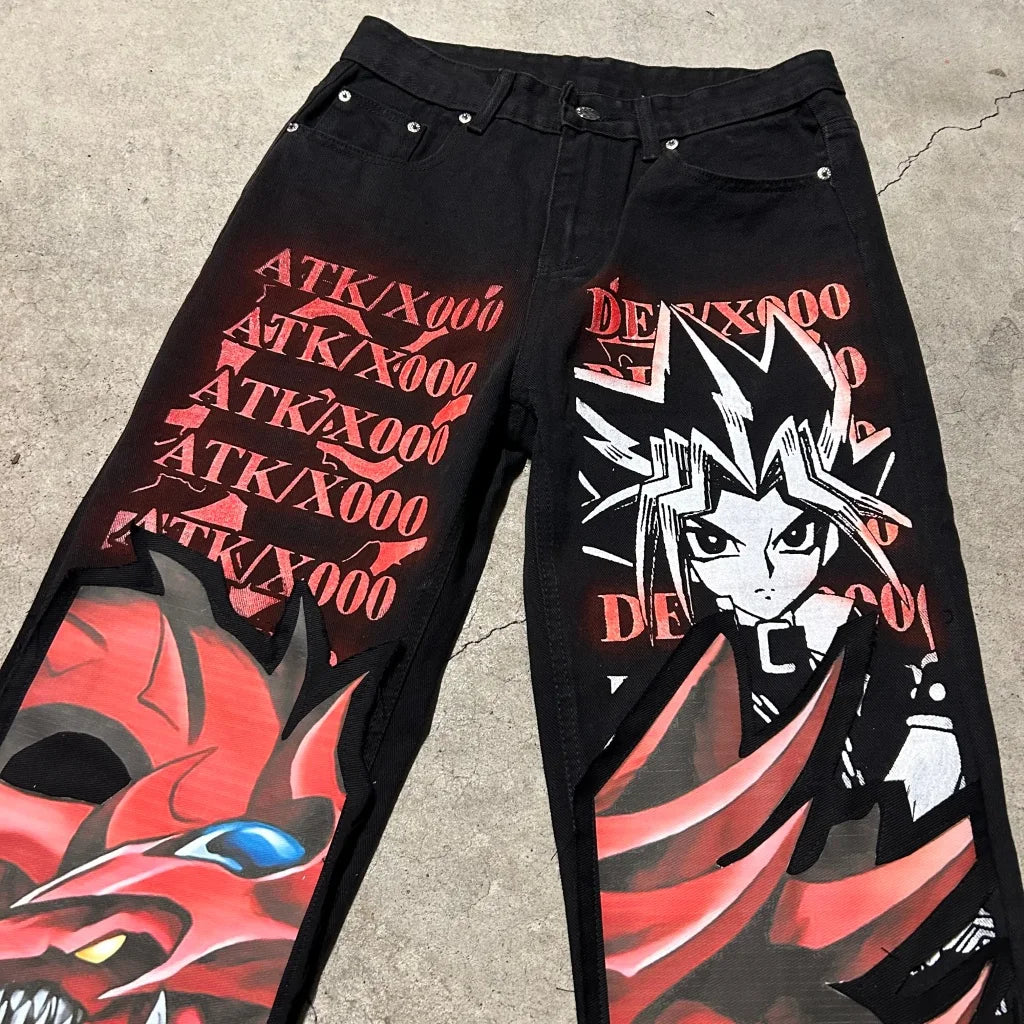 harajuku y2k baggy jeans the winged dragon of ra print wide leg denim pants popular anime jeans streetwear trouser men clothing unique jeans style 4431