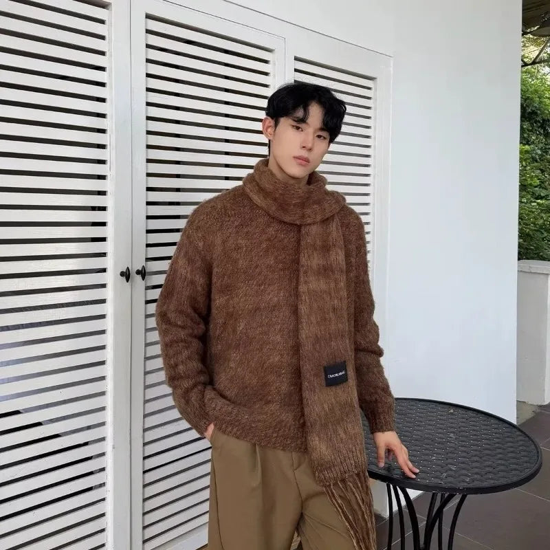 Autumn Warm Sweater Mens Korean Street Simplicity Round Neck Pullover+Solid Color Scarf Two-piece Set Casual Knitted Tops Trend Street King Limited