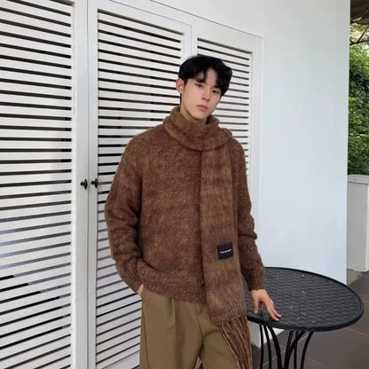 Autumn Warm Sweater Mens Korean Street Simplicity Round Neck Pullover+Solid Color Scarf Two-piece Set Casual Knitted Tops Trend Street King Limited