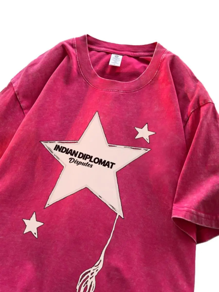 Five-pointed star American washed distressed short-sleeved T-shirt for men in summer loose heavyweight T-shirt trendy y2k tops Street King Limited