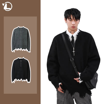 American High Street Mens Sweater 2024 New Autumn Half Zipper Fashion Knitted Tops Damaged Hip-hop Irregular Hem Pullover Street King Limited