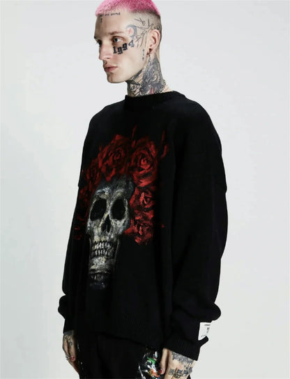 Vintage New Arrival SSSAINT LOUIS Rose Skull Hand-painted High-Street Cotton Casual Pullover Round Neck Sweater Street King Limited