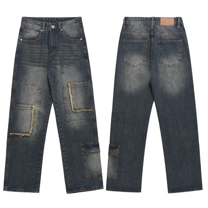 retro washed denim jeans destroyed ripped loose mens biker jeans side pocket fashion streetwear hip hop straight pants joggers unique joggers style 1191