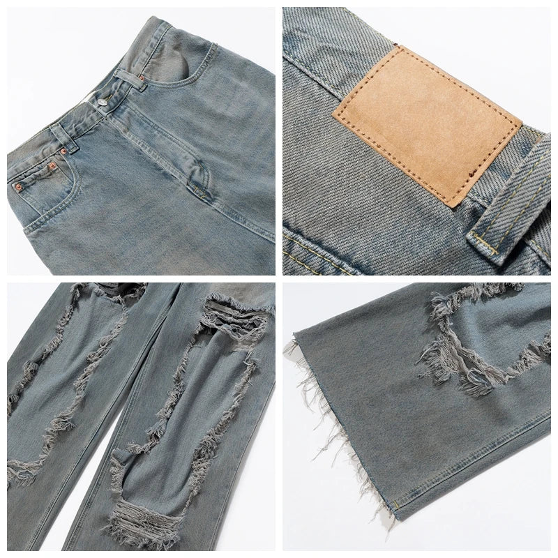 street wear retro hip hop distressed straight leg jeans vintage y2k tassel biker ripped denim pants mens washed destroyed jean unique jeans style 4388