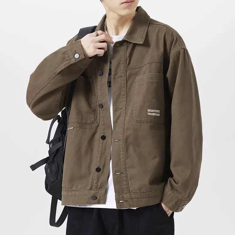 american retro workwear jacket for boys loose spring and autumn high street japanese style khaki casual trendy denim jacket tops unique jeans style 4890