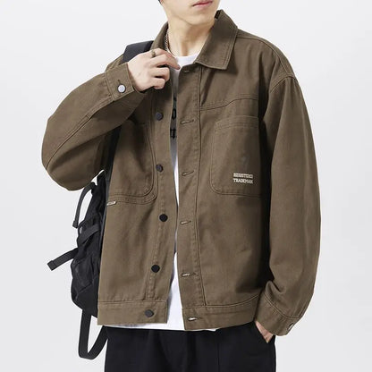 american retro workwear jacket for boys loose spring and autumn high street japanese style khaki casual trendy denim jacket tops unique jeans style 4890