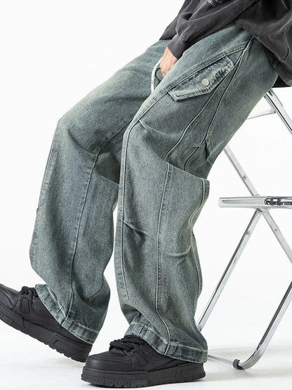2025 new hip hop multi pockets straight jeans for men high street cargo denim pants spring y2k vintage distressed baggy jean unique cargo style 3372